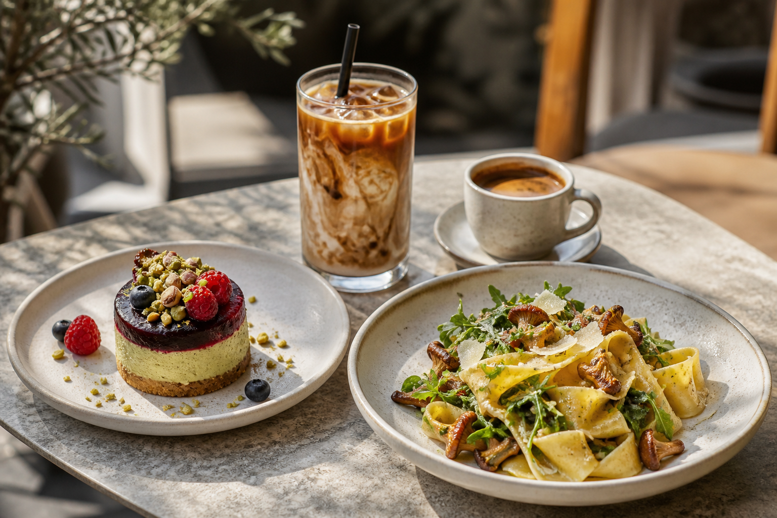 Bir masada tatlı, soğuk kahve, espresso ve sıcak makarna tabağı